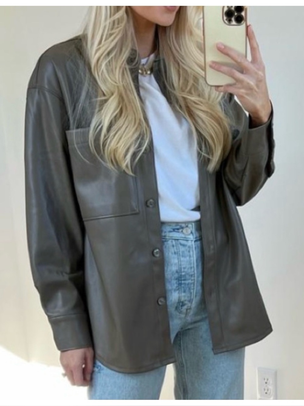Abercrombie & Fitch Olive Green Oversized Vegan Leather Shirt Jacket